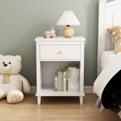 26.77H Wooden Nightstand with One Drawer One Shelf Kids, Adults, White+Golden handle