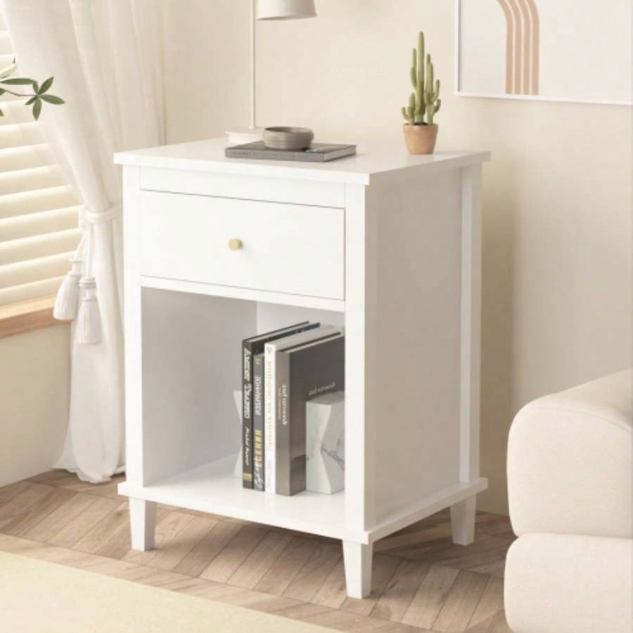 26.77H Wooden Nightstand with One Drawer One Shelf Kids, Adults, White+Golden handle