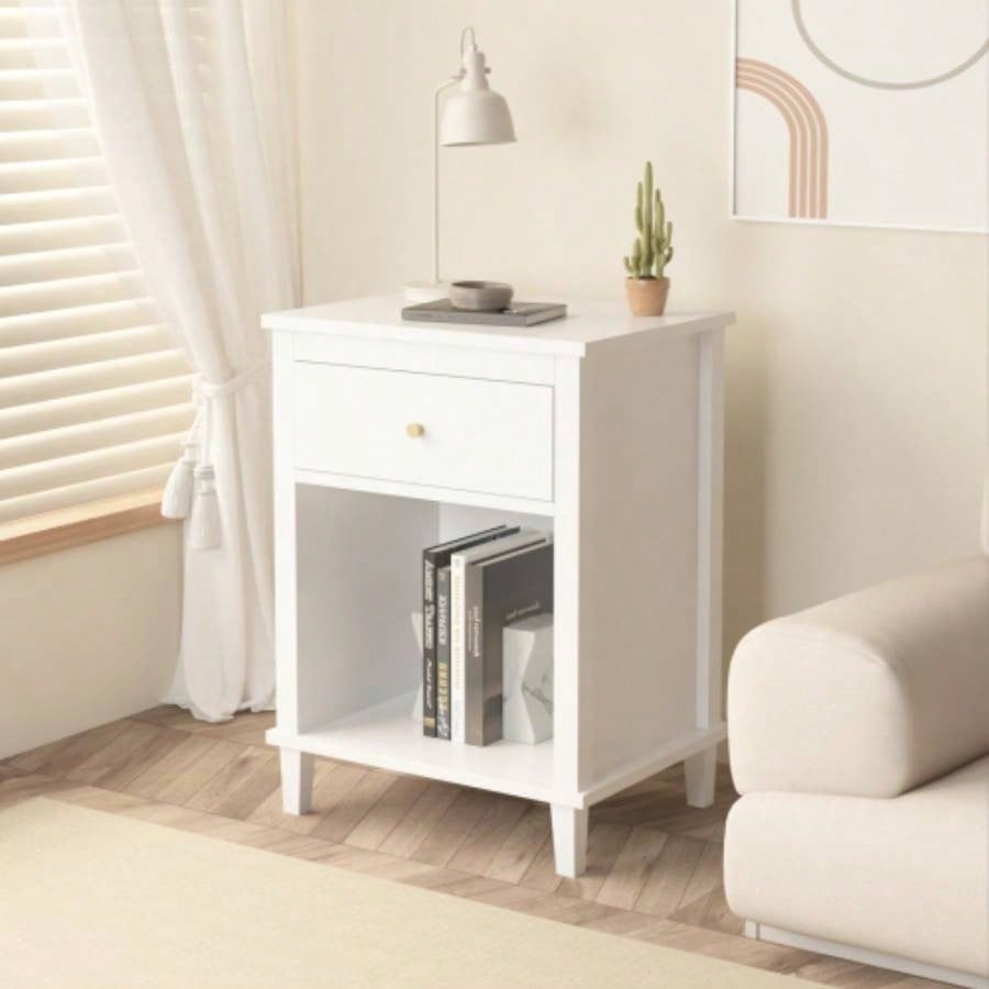 26.77H Wooden Nightstand with One Drawer One Shelf Kids, Adults, White+Golden handle
