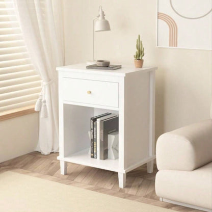26.77H Wooden Nightstand with One Drawer One Shelf Kids, Adults, White+Golden handle