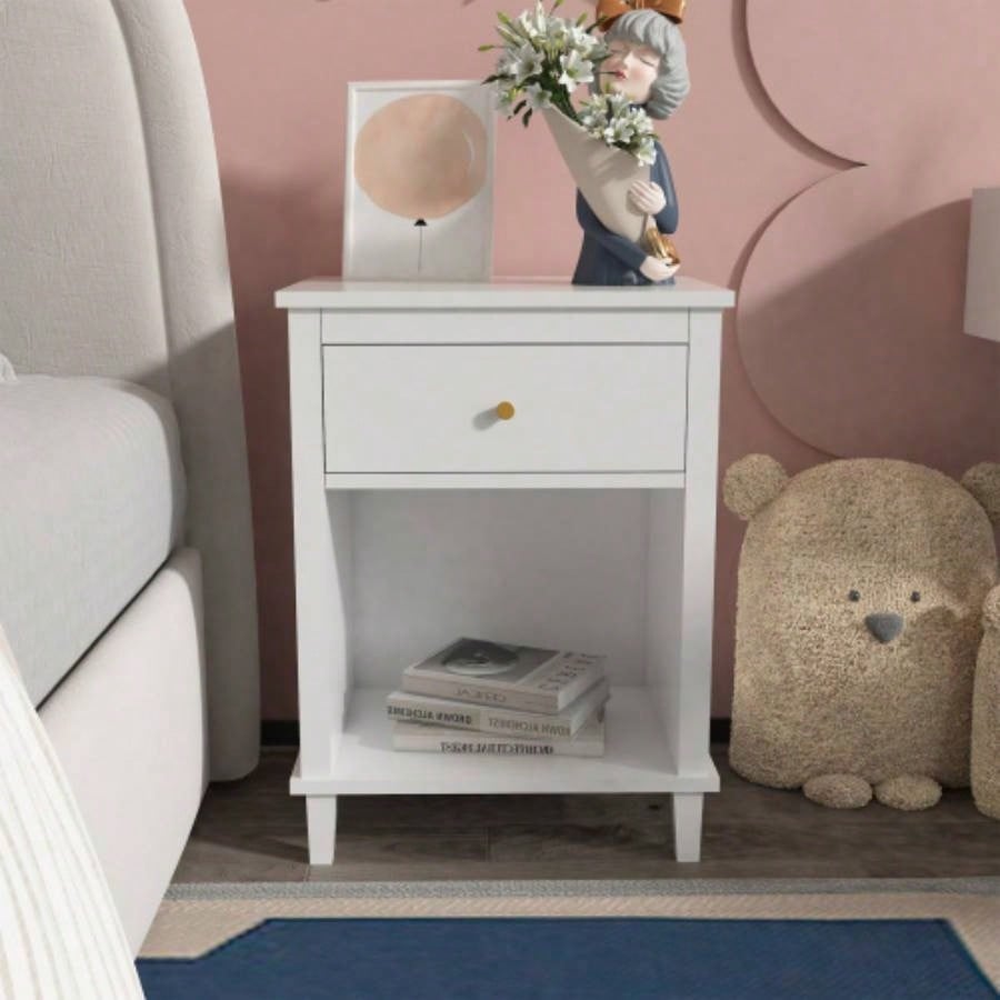 26.77H Wooden Nightstand with One Drawer One Shelf Kids, Adults, White+Golden handle