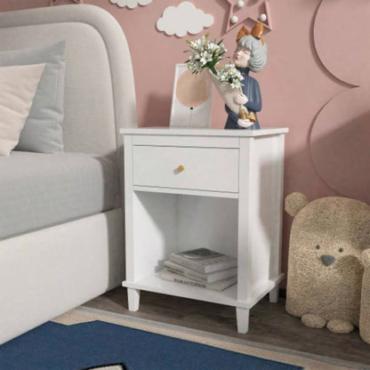 26.77H Wooden Nightstand with One Drawer One Shelf Kids, Adults, White+Golden handle