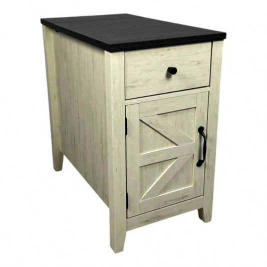 Farmhouse End Table Bedside Table with Charging Station, Night Stand with Barn Door and Drawer, Storage Bedroom Living Room, Bedside Table, White+Black color