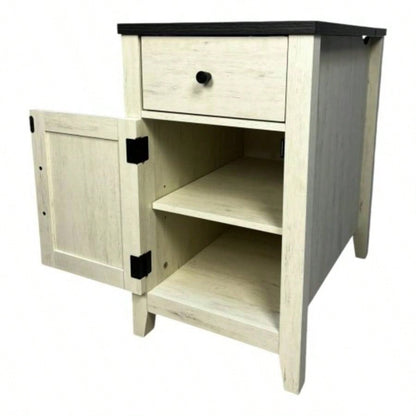 Farmhouse End Table Bedside Table with Charging Station, Night Stand with Barn Door and Drawer, Storage Bedroom Living Room, Bedside Table, White+Black color