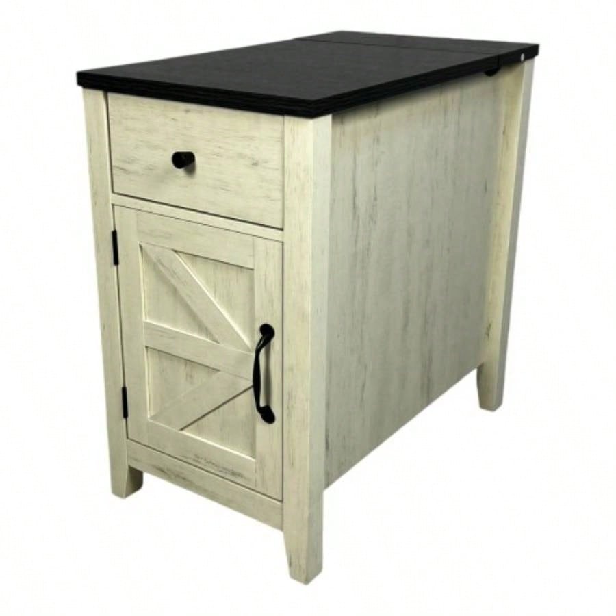 Farmhouse End Table Bedside Table with Charging Station, Night Stand with Barn Door and Drawer, Storage Bedroom Living Room, Bedside Table, White+Black color