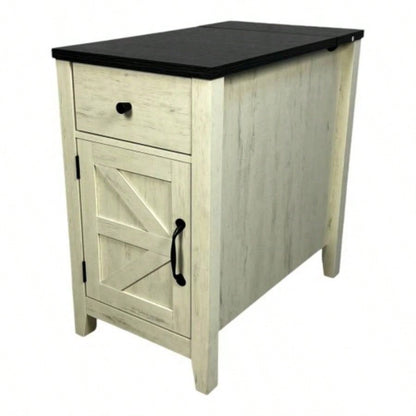 Farmhouse End Table Bedside Table with Charging Station, Night Stand with Barn Door and Drawer, Storage Bedroom Living Room, Bedside Table, White+Black color