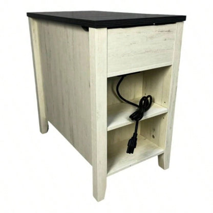 Farmhouse End Table Bedside Table with Charging Station, Night Stand with Barn Door and Drawer, Storage Bedroom Living Room, Bedside Table, White+Black color