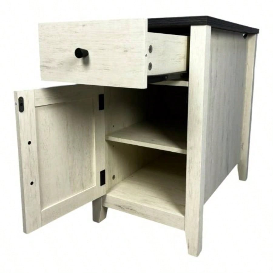 Farmhouse End Table Bedside Table with Charging Station, Night Stand with Barn Door and Drawer, Storage Bedroom Living Room, Bedside Table, White+Black color