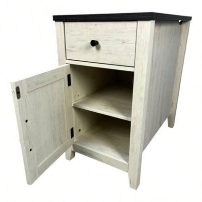 Farmhouse End Table Bedside Table with Charging Station, Night Stand with Barn Door and Drawer, Storage Bedroom Living Room, Bedside Table, White+Black color
