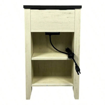 Farmhouse End Table Bedside Table with Charging Station, Night Stand with Barn Door and Drawer, Storage Bedroom Living Room, Bedside Table, White+Black color