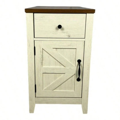 Farmhouse End Table Bedside Table with Charging Station, Night Stand with Barn Door and Drawer, Storage Bedroom Living Room, Bedside Table, White+Black color