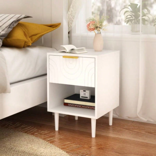 22.83 H Modern White Nightstand with One Drawer and Open Shelf, Gold - Accented Handle, Bedroom Decor