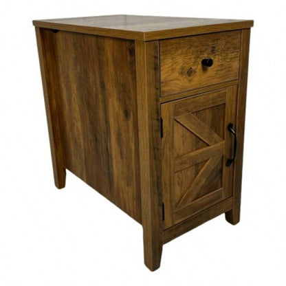 Farmhouse End Table Bedside Table with Charging Station, Night Stand with Barn Door and Drawer, Storage Bedroom Living Room, Bedside Table, White+Black color