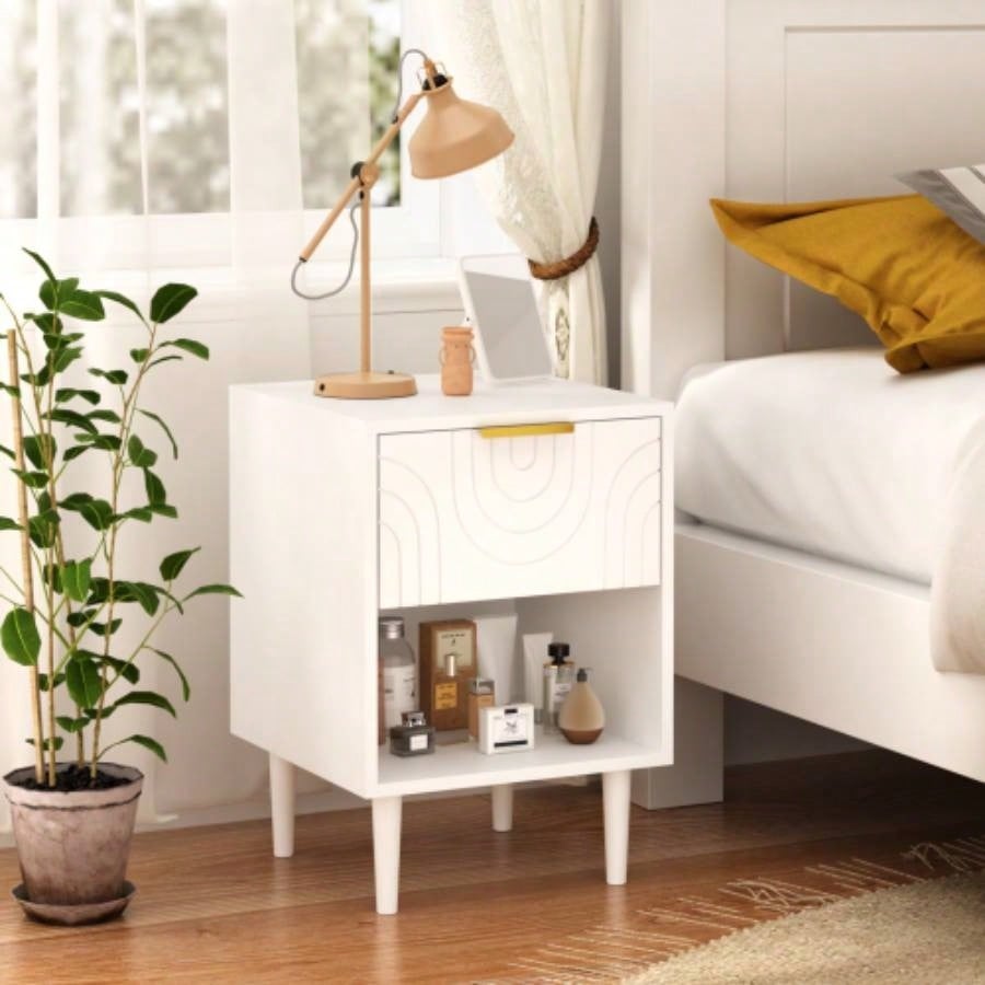 22.83 H Modern White Nightstand with One Drawer and Open Shelf, Gold - Accented Handle, Bedroom Decor