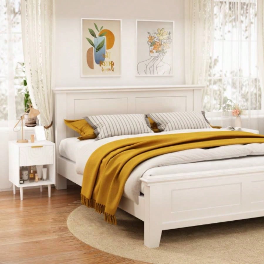 22.83 H Modern White Nightstand with One Drawer and Open Shelf, Gold - Accented Handle, Bedroom Decor