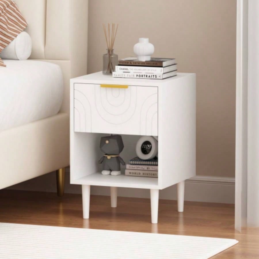 22.83 H Modern White Nightstand with One Drawer and Open Shelf, Gold - Accented Handle, Bedroom Decor