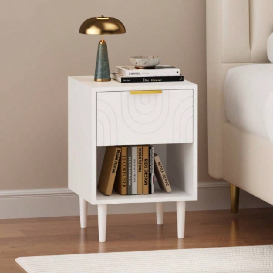 22.83 H Modern White Nightstand with One Drawer and Open Shelf, Gold - Accented Handle, Bedroom Decor