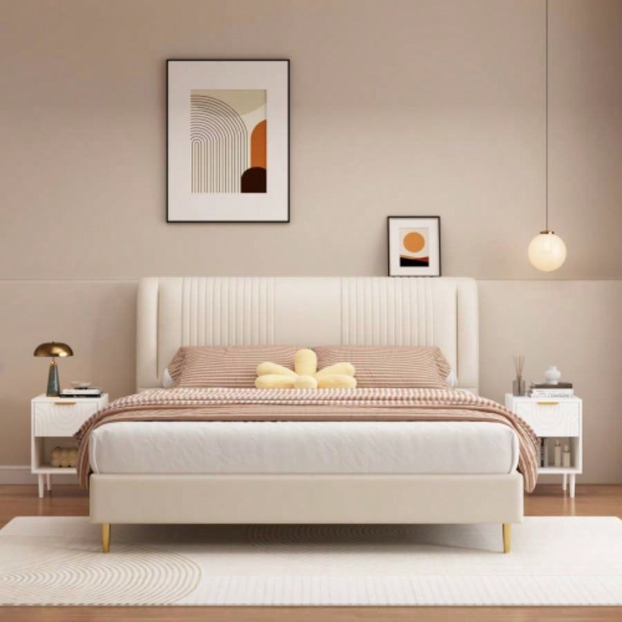 22.83 H Modern White Nightstand with One Drawer and Open Shelf, Gold - Accented Handle, Bedroom Decor