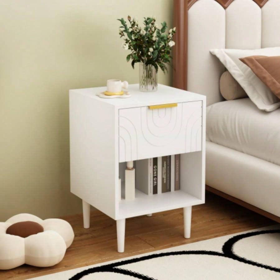 22.83 H Modern White Nightstand with One Drawer and Open Shelf, Gold - Accented Handle, Bedroom Decor