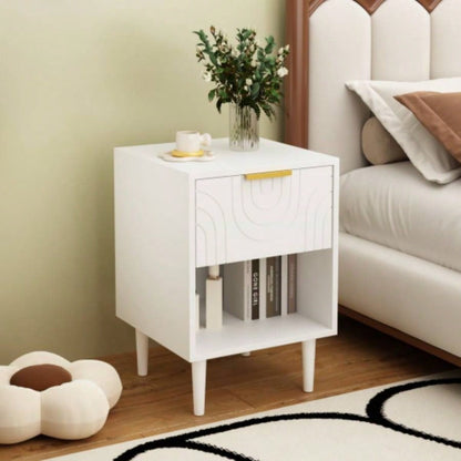 22.83 H Modern White Nightstand with One Drawer and Open Shelf, Gold - Accented Handle, Bedroom Decor