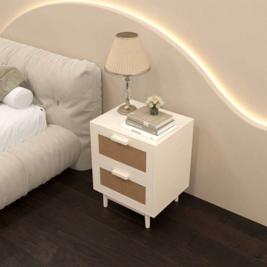 Rattan Nightstand, Wood End Table, Side Table with 2 Faux Rattan - Decorated Drawers, Bedside Table, Wood Accent Table with Storage Livingroom, Bedroom, Burly wood