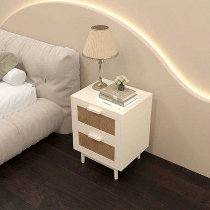 Rattan Nightstand, Wood End Table, Side Table with 2 Faux Rattan - Decorated Drawers, Bedside Table, Wood Accent Table with Storage Livingroom, Bedroom, Burly wood