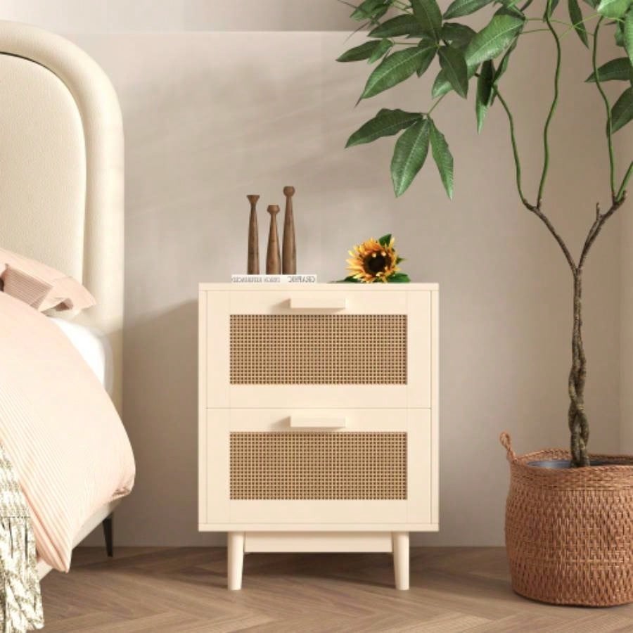 Rattan Nightstand, Wood End Table, Side Table with 2 Faux Rattan - Decorated Drawers, Bedside Table, Wood Accent Table with Storage Livingroom, Bedroom, Burly wood
