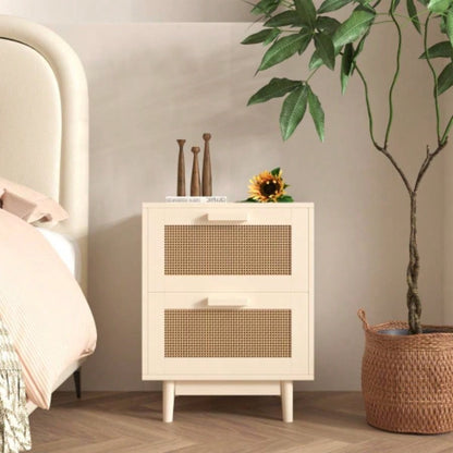 Rattan Nightstand, Wood End Table, Side Table with 2 Faux Rattan - Decorated Drawers, Bedside Table, Wood Accent Table with Storage Livingroom, Bedroom, Burly wood
