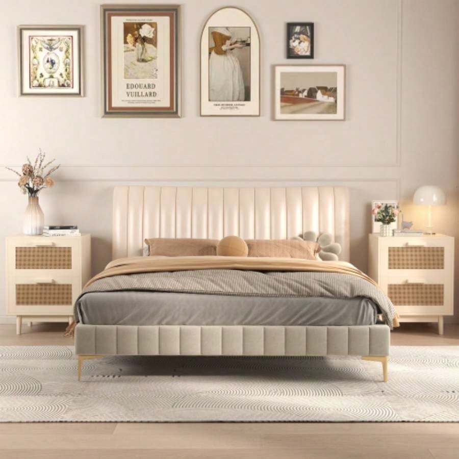 Rattan Nightstand, Wood End Table, Side Table with 2 Faux Rattan - Decorated Drawers, Bedside Table, Wood Accent Table with Storage Livingroom, Bedroom, Burly wood