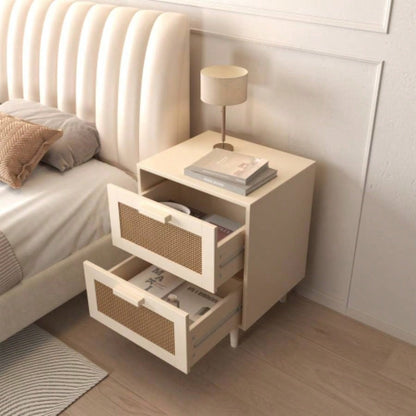 Rattan Nightstand, Wood End Table, Side Table with 2 Faux Rattan - Decorated Drawers, Bedside Table, Wood Accent Table with Storage Livingroom, Bedroom, Burly wood