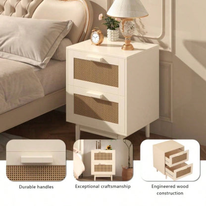 Rattan Nightstand, Wood End Table, Side Table with 2 Faux Rattan - Decorated Drawers, Bedside Table, Wood Accent Table with Storage Livingroom, Bedroom, Burly wood