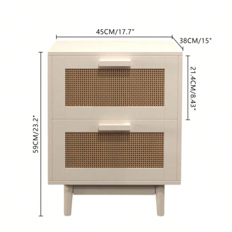Rattan Nightstand, Wood End Table, Side Table with 2 Faux Rattan - Decorated Drawers, Bedside Table, Wood Accent Table with Storage Livingroom, Bedroom, Burly wood