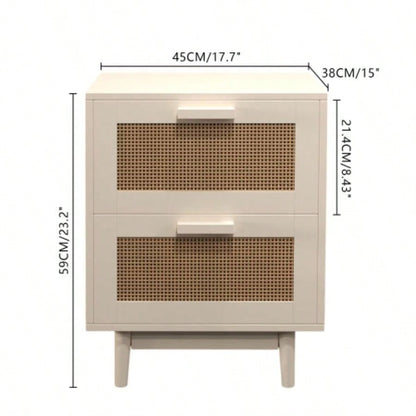Rattan Nightstand, Wood End Table, Side Table with 2 Faux Rattan - Decorated Drawers, Bedside Table, Wood Accent Table with Storage Livingroom, Bedroom, Burly wood