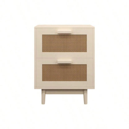 Rattan Nightstand, Wood End Table, Side Table with 2 Faux Rattan - Decorated Drawers, Bedside Table, Wood Accent Table with Storage Livingroom, Bedroom, Burly wood