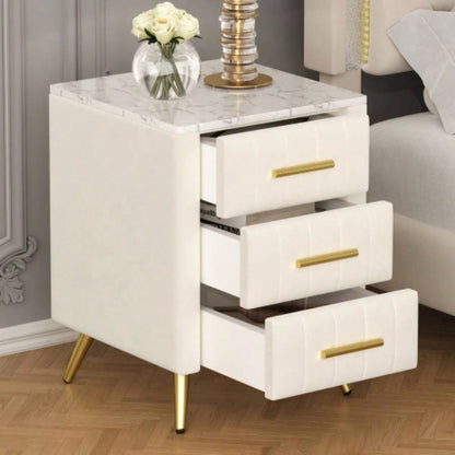 Upholstered Wooden Nightstand with 3 Drawers and Metal Handles, Bedside Table with Marbling Stickers Worktop - Beige