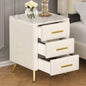 Upholstered Wooden Nightstand with 3 Drawers and Metal Handles, Bedside Table with Marbling Stickers Worktop - Beige