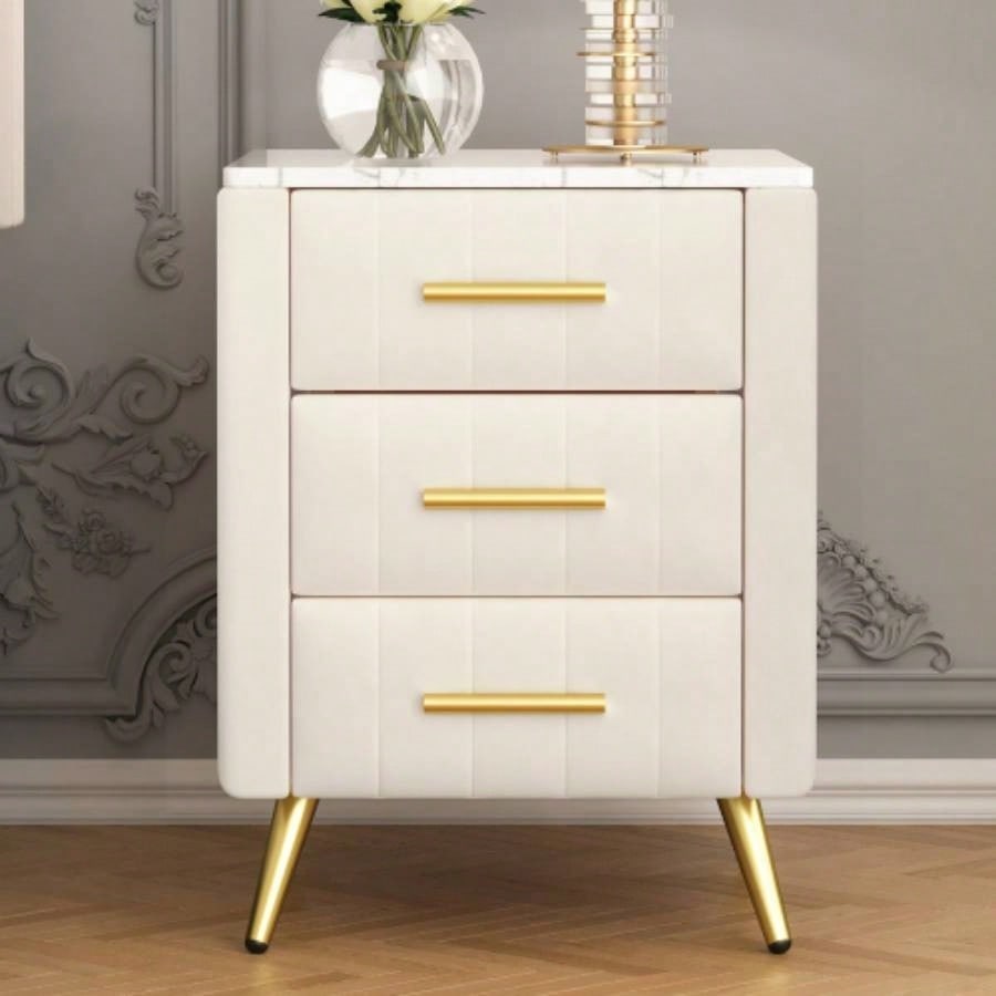 Upholstered Wooden Nightstand with 3 Drawers and Metal Handles, Bedside Table with Marbling Stickers Worktop - Beige