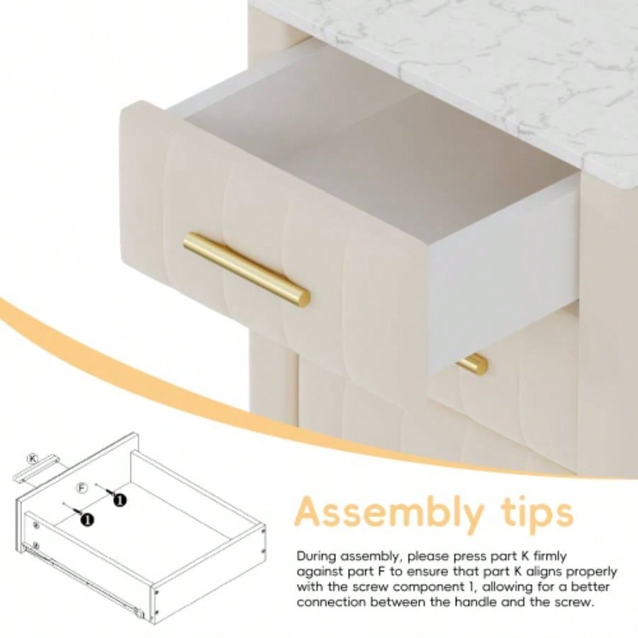 Upholstered Wooden Nightstand with 3 Drawers and Metal Handles, Bedside Table with Marbling Stickers Worktop - Beige