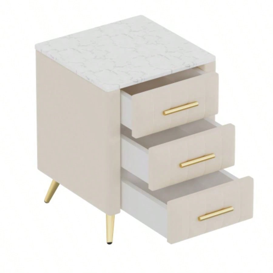 Upholstered Wooden Nightstand with 3 Drawers and Metal Handles, Bedside Table with Marbling Stickers Worktop - Beige
