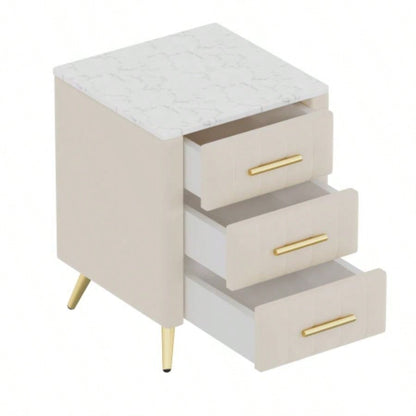 Upholstered Wooden Nightstand with 3 Drawers and Metal Handles, Bedside Table with Marbling Stickers Worktop - Beige