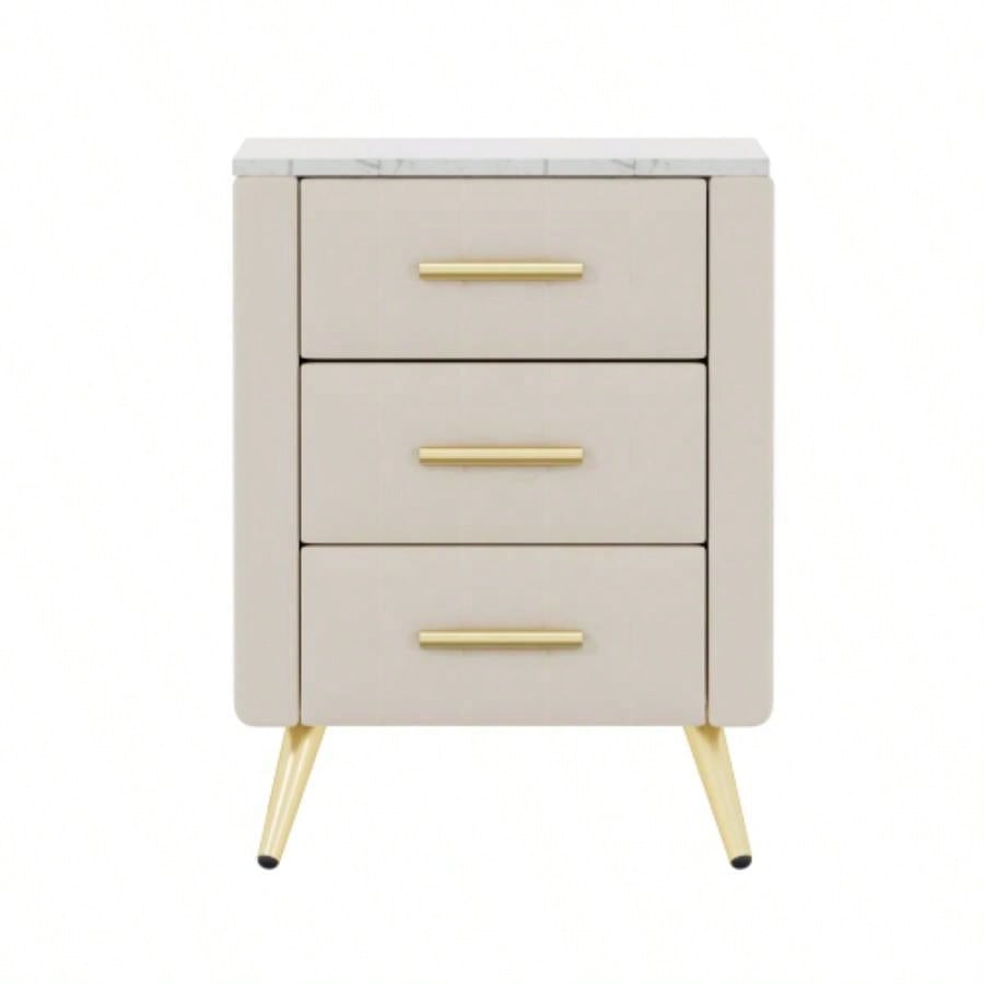 Upholstered Wooden Nightstand with 3 Drawers and Metal Handles, Bedside Table with Marbling Stickers Worktop - Beige
