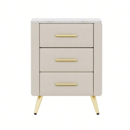 Upholstered Wooden Nightstand with 3 Drawers and Metal Handles, Bedside Table with Marbling Stickers Worktop - Beige