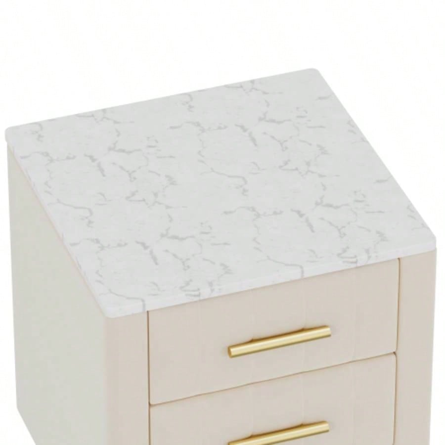 Upholstered Wooden Nightstand with 3 Drawers and Metal Handles, Bedside Table with Marbling Stickers Worktop - Beige