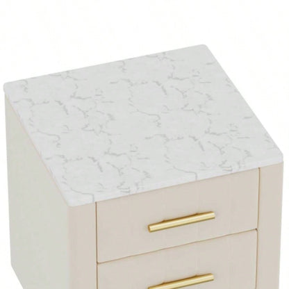 Upholstered Wooden Nightstand with 3 Drawers and Metal Handles, Bedside Table with Marbling Stickers Worktop - Beige