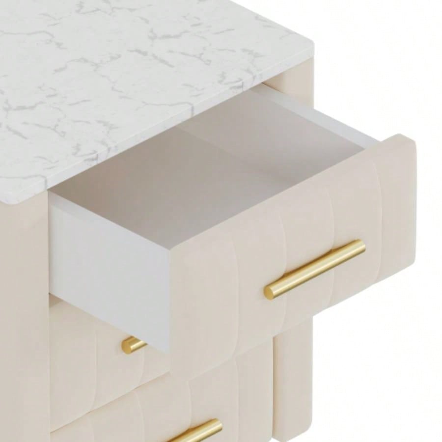 Upholstered Wooden Nightstand with 3 Drawers and Metal Handles, Bedside Table with Marbling Stickers Worktop - Beige
