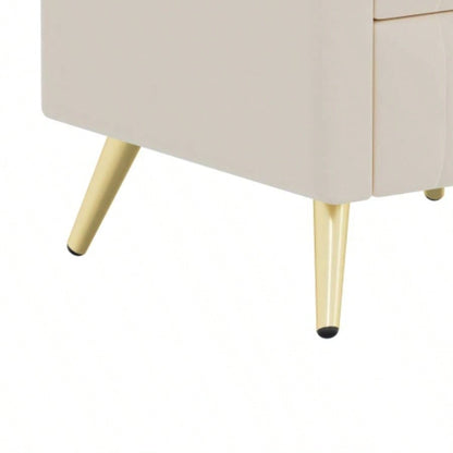 Upholstered Wooden Nightstand with 3 Drawers and Metal Handles, Bedside Table with Marbling Stickers Worktop - Beige