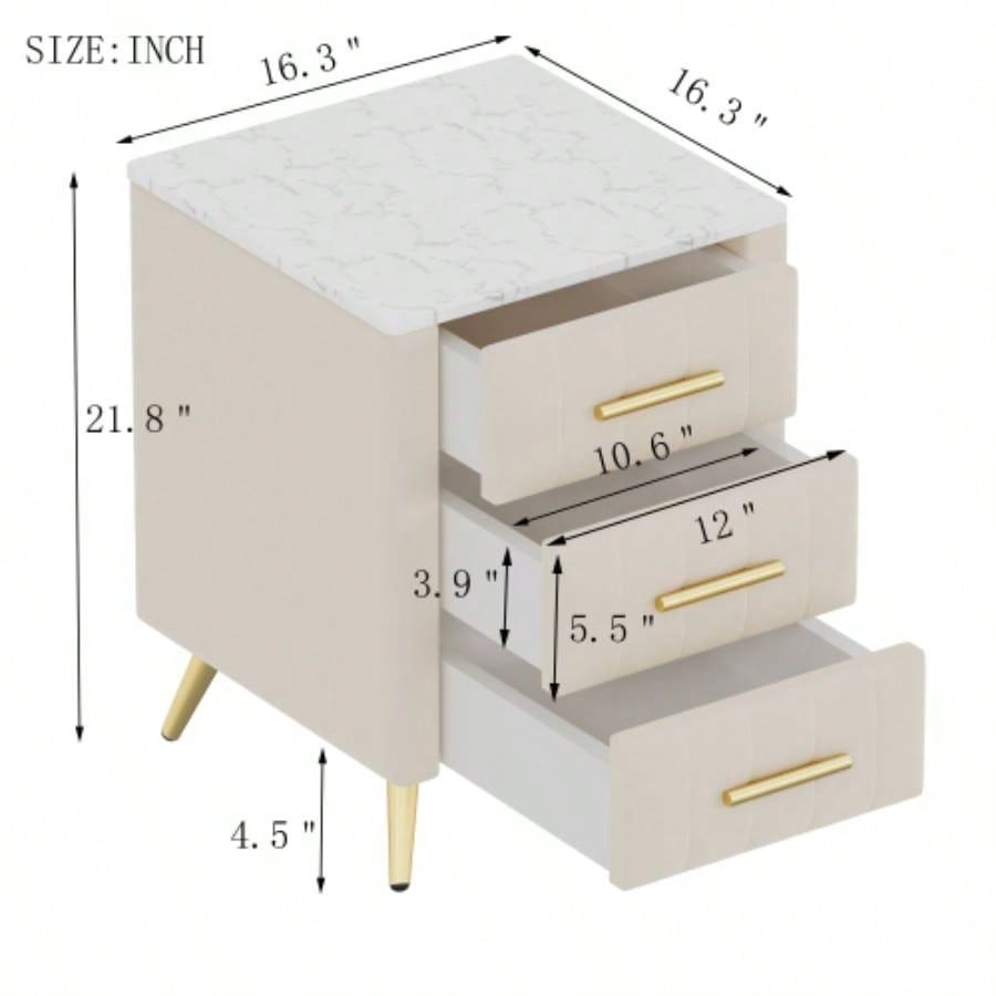 Upholstered Wooden Nightstand with 3 Drawers and Metal Handles, Bedside Table with Marbling Stickers Worktop - Beige