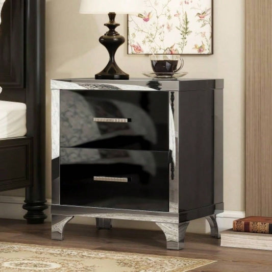 Elegant High Gloss Nightstand with Metal Handle, Mirrored Bedside Table with 2 Drawers Bedroom, Living Room, Black