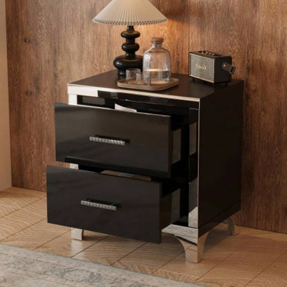 Elegant High Gloss Nightstand with Metal Handle, Mirrored Bedside Table with 2 Drawers Bedroom, Living Room, Black