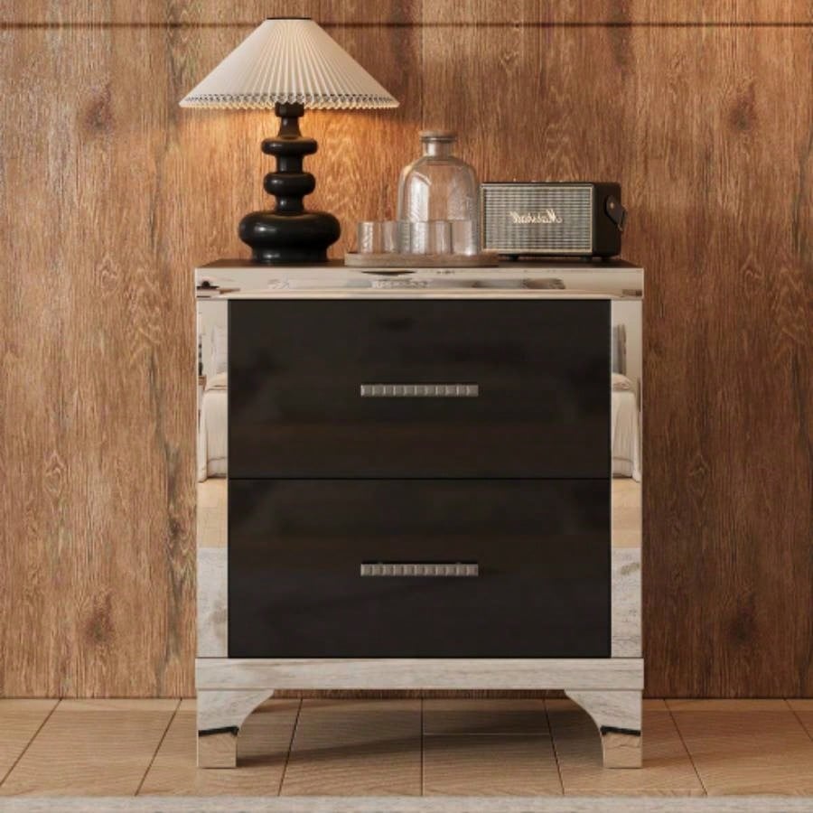 Elegant High Gloss Nightstand with Metal Handle, Mirrored Bedside Table with 2 Drawers Bedroom, Living Room, Black
